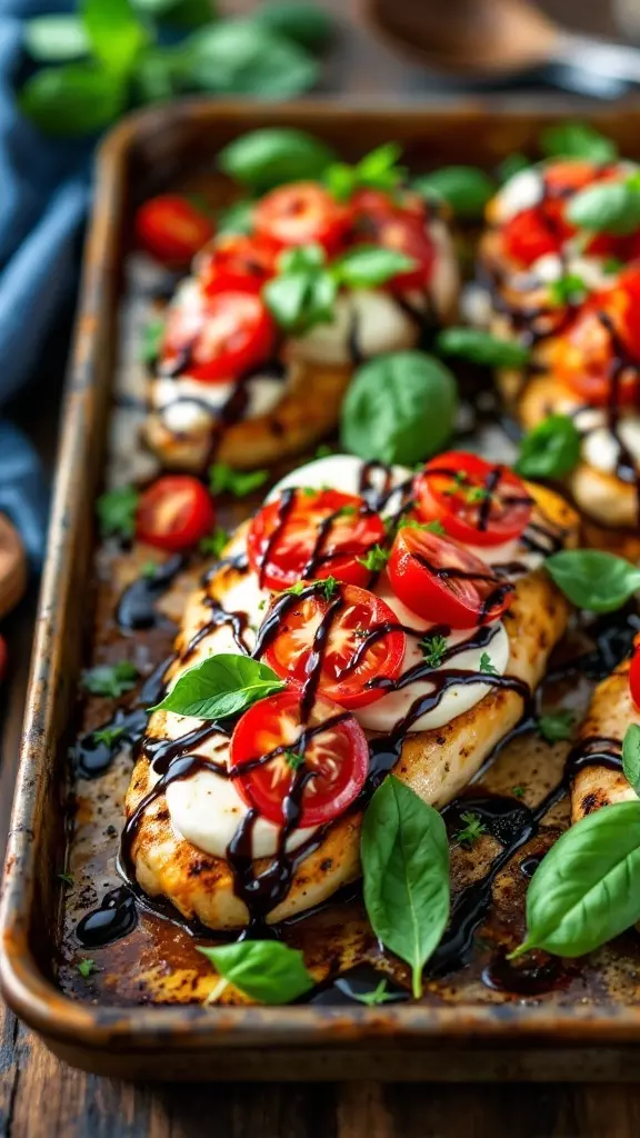 A delicious Caprese Chicken Sheet Pan Dinner featuring chicken, tomatoes, mozzarella, and basil.