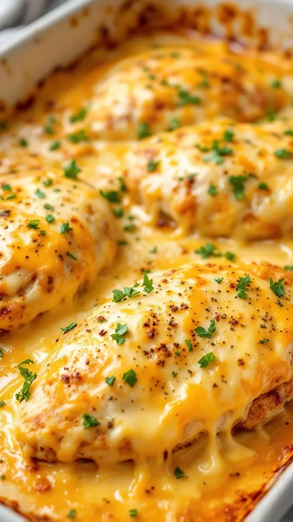 This cheesy baked chicken is a hit for busy nights when you’re short on time. Just coat your chicken with ranch seasoning, top it with gooey cheese, and bake until golden. It's simple, tasty, and sure to please the whole family!