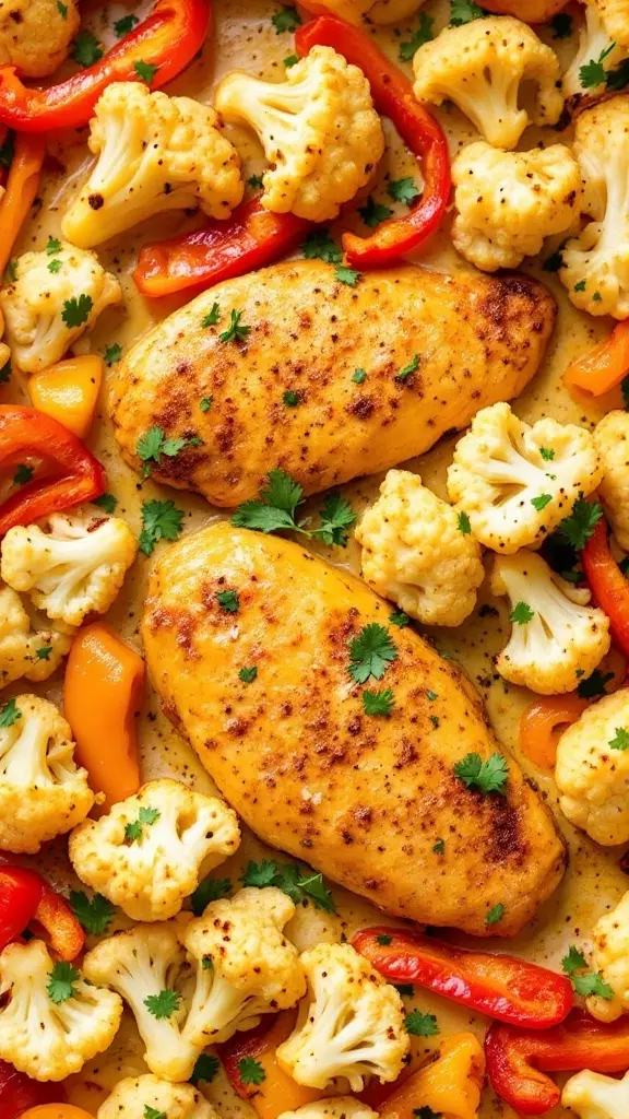 This Coconut Curry Chicken is a real winner for midweek meals. The chicken is juicy, and the cauliflower and peppers add a nice crunch and color. Plus, everything cooks on one sheet pan, making cleanup a breeze!