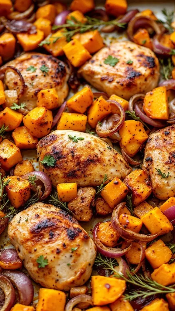 This sheet pan meal is easy and delicious! The crispy chicken thighs pair perfectly with sweet butternut squash and savory red onion. Just toss everything on a pan, roast, and enjoy a stress-free dinner!