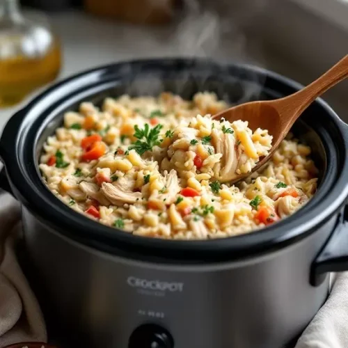 Creamy Crockpot Chicken and Rice = the easiest comfort food ever! Juicy chicken, tender rice, and a velvety sauce all made in your slow cooker. Family-approved and freezer-friendly! 💛 #EasyDinnerIdeas #CrockpotRecipes #ComfortFood