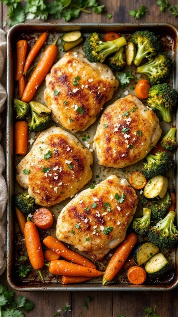This Garlic Parmesan Chicken & Veggie Sheet Pan Dinner is a simple way to spice up your weeknight meals. Just toss chicken, broccoli, carrots, and zucchini with garlic and parmesan, and let the oven do the work. It's a delicious one-pan dish that requires minimal cleanup and packs a flavorful punch!