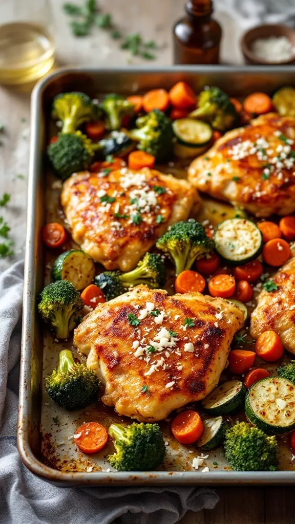 Garlic Parmesan Chicken and vegetables on a sheet pan