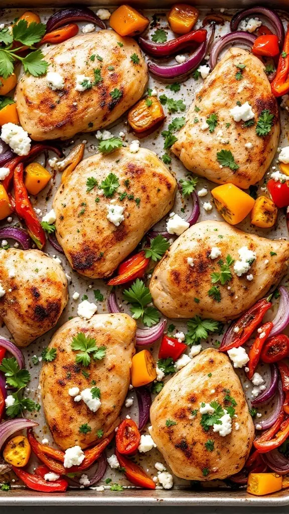 Sheet pan Greek chicken is a lifesaver for busy weeknights. Juicy chicken meets colorful veggies like red onions and peppers, topped with creamy feta. It's simple, tasty, and a complete meal with minimal cleanup!