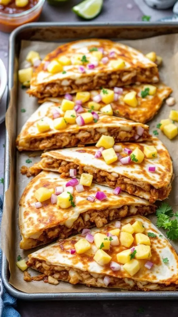 These Hawaiian BBQ quesadillas are a fun twist on a classic dish. Filled with tender chicken, tangy BBQ sauce, and sweet pineapple, they’re a quick and easy option for dinner. Toss in some red onion for a bit of crunch, and you've got a meal that’s sure to please everyone!

