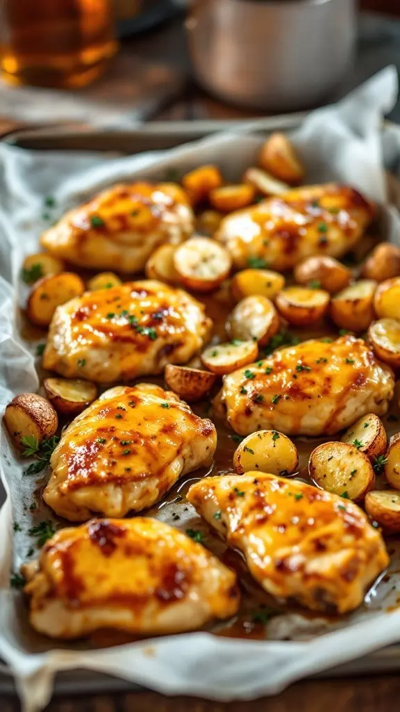 Honey mustard chicken thighs with roasted potatoes on a sheet pan