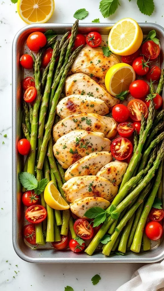 Lemon Herb Chicken with Asparagus and Cherry Tomatoes on a sheet pan