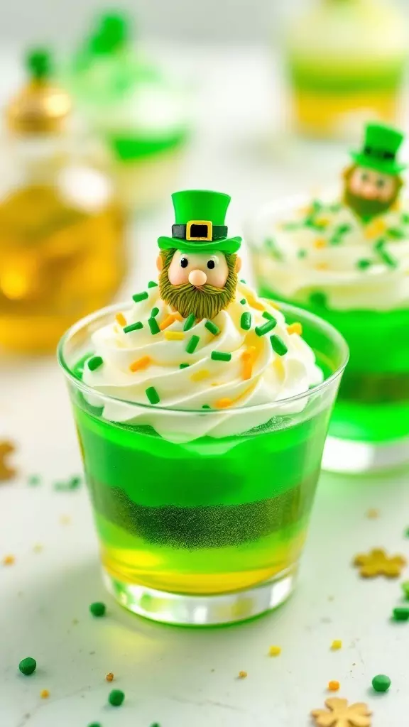 Leprechaun Jello Cups are a fun and colorful treat that kids will absolutely adore this St. Patrick's Day. These delightful cups combine layers of vibrant green and gold Jello, topped with whipped cream and festive sprinkles. The sweet, fruity flavors offer a refreshing taste that everyone will enjoy, making them a perfect dessert for any celebration.