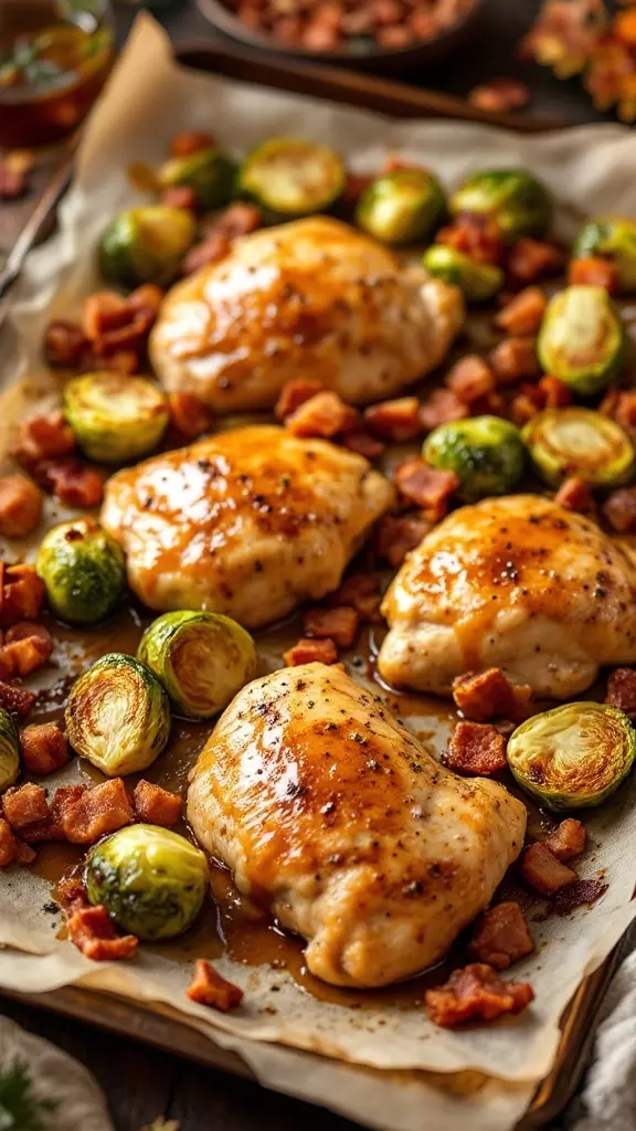 Sheet pan meal with chicken, Brussels sprouts, and bacon