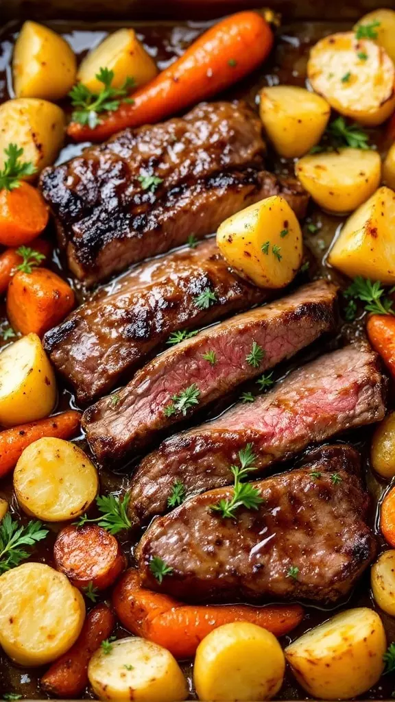 This Maple Dijon Steak with root vegetables is a family favorite for busy weeknights. The blend of sweet and tangy from the maple and mustard really brings out the flavor of the steak. Toss in some hearty potatoes and carrots, and you've got a delicious meal all in one pan!