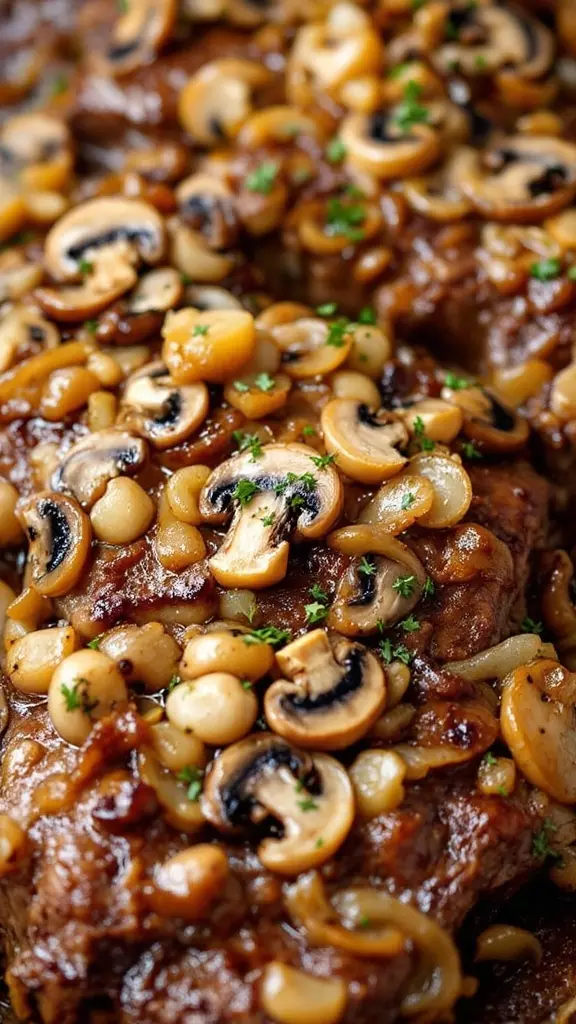 Mushroom and onion smothered steak is a real crowd-pleaser. Tender steak topped with savory mushrooms and sweet onions creates a dish that feels like a hug on a plate. It's perfect for family mealtimes and is sure to become a new favorite at your dinner table.