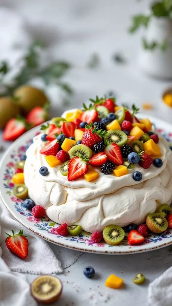 Pavlova is a light and airy dessert that features a crisp meringue shell with a soft, marshmallow-like interior. Topped with whipped cream and fresh fruits, it’s a delightful treat that balances sweetness with a hint of tartness. This dessert is not only visually appealing but also quite simple to make, making it perfect for family gatherings during Easter.