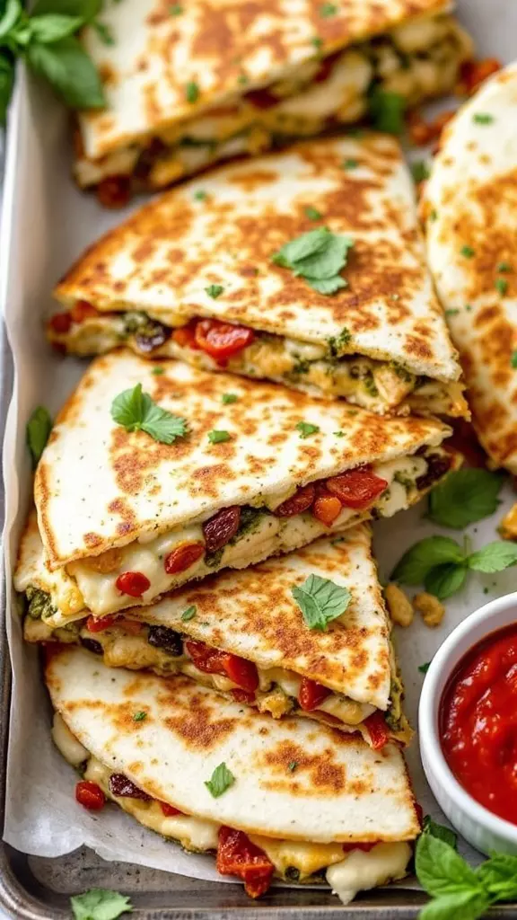 Pesto chicken and sun-dried tomatoes make for a tasty combination in these quesadillas. They’re super easy to whip up and perfect for a quick meal. Just layer everything between tortillas, bake, and enjoy!

