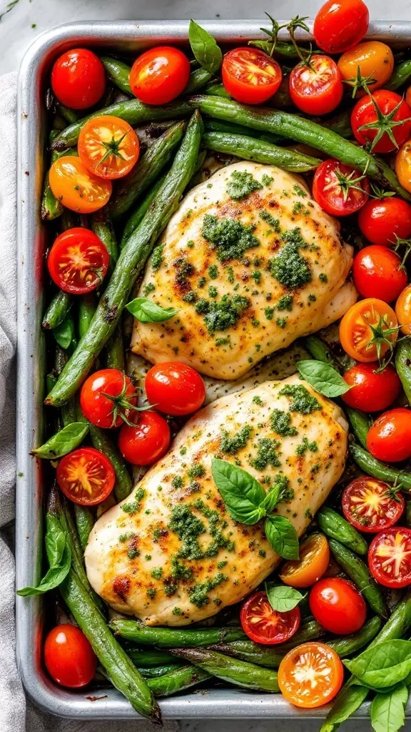 This pesto chicken dish is perfect for a quick weeknight dinner. The juicy chicken pairs wonderfully with fresh cherry tomatoes and crisp green beans, making it a colorful and tasty meal. Just toss everything on a sheet pan, bake, and enjoy!