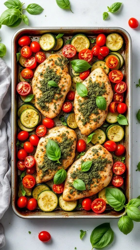 This sheet pan meal is all about simplicity and flavor. Just toss chicken breasts with pesto, zucchini, and cherry tomatoes, then bake until everything is tender and juicy. It’s a breezy option for busy weeknights that’s sure to please everyone at the table.