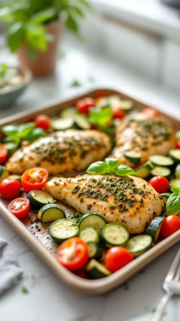 Pesto chicken with zucchini and cherry tomatoes on a sheet pan.