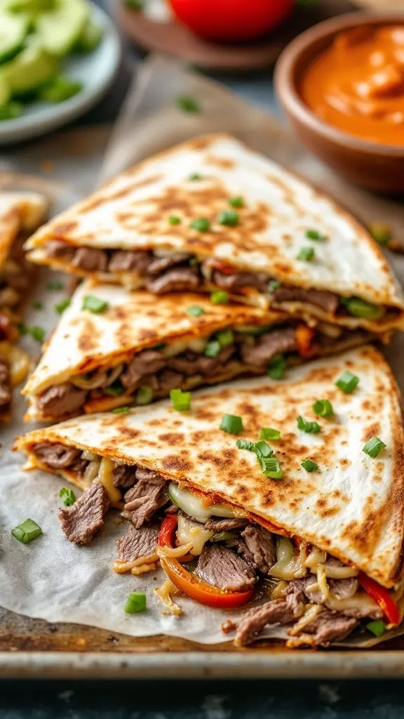 These Philly cheesesteak quesadillas are a delicious twist on the classic sandwich. Packed with tender beef, sautéed peppers, and melted cheese, they hit the spot in a hurry. Just toss them on a sheet pan, bake, and enjoy a quick and easy dinner!

