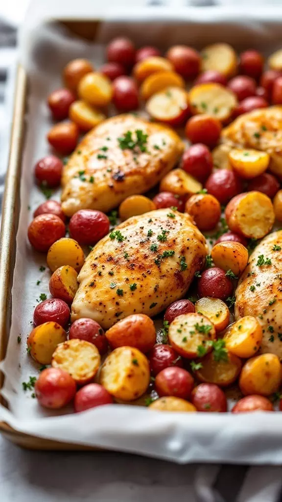 Sheet pan dinner with ranch chicken and baby red potatoes.