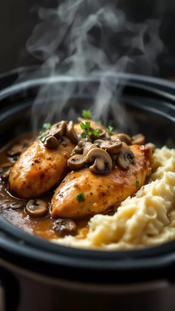 Slow Cooker Creamy Chicken & Mushrooms is a warm and hearty dish that's super easy to make. Just toss chicken and mushrooms in the slow cooker with creamy sauce and let it do all the work. Serve it over mashed potatoes for a cozy dinner everyone will love!