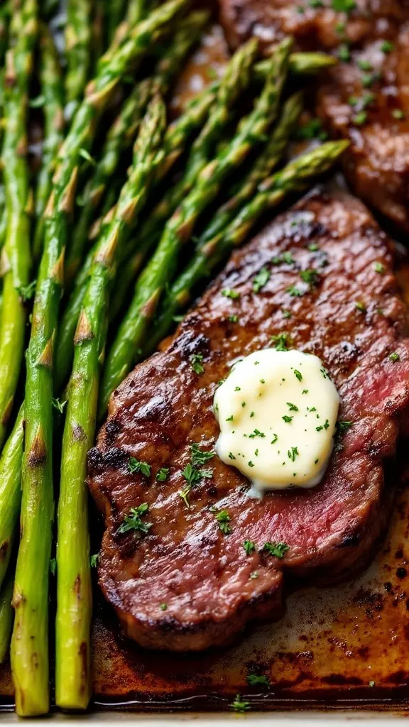 Steak and asparagus come together in this simple sheet pan dinner. The herb butter melts beautifully over the juicy steak, adding a burst of flavor. This dish is quick to prepare, making it perfect for busy family nights.