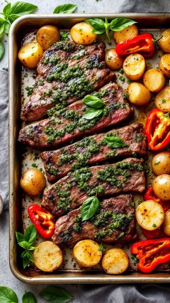 This steak and pesto dish is a real crowd-pleaser for family dinners. The juicy steak pairs perfectly with roasted potatoes and vibrant peppers, all drizzled with fragrant pesto. It's an easy one-pan meal that brings everyone to the table with smiles!