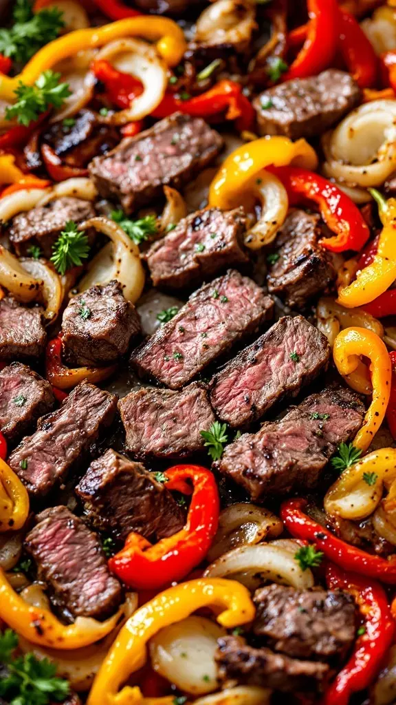 Steak fajitas are a fun and tasty way to bring the family together at dinner. Juicy steak strips mixed with colorful bell peppers and onions create a delicious, vibrant meal that everyone will love. Serve them with warm tortillas and your favorite toppings for a satisfying feast!