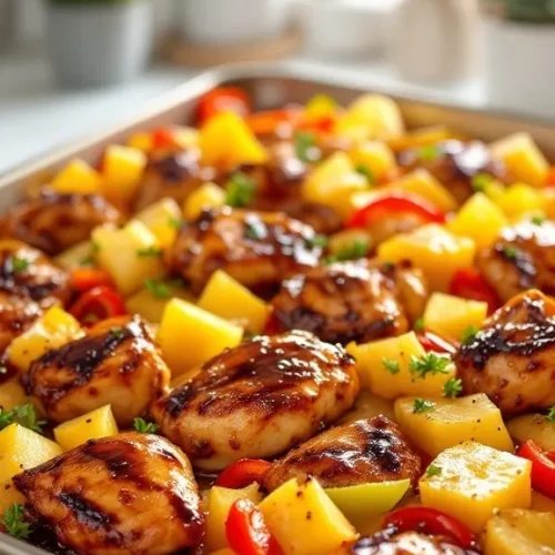 This Teriyaki Chicken and Pineapple Sheet Pan Meal is sticky, sweet, savory, and totally low-fuss! Just one pan, bold flavor, and almost no cleanup—your crew will love it. #sheetpandinner #teriyakichicken #easydinners #pineapplerecipes #familymeals #weeknightwin