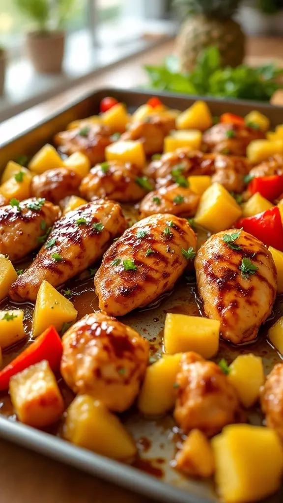 Teriyaki chicken with pineapple and vegetables on a sheet pan.