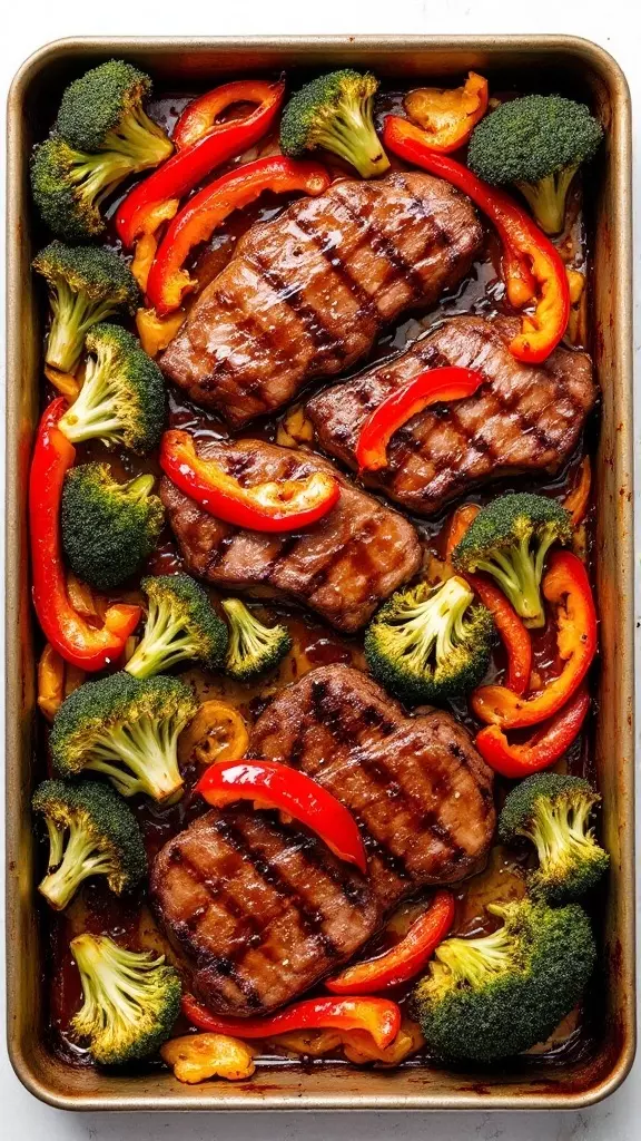 Teriyaki steak wiaThis Teriyaki Steak & Broccoli sheet pan dinner is a hit for busy family nights. The juicy steak pairs perfectly with crisp broccoli and sweet bell peppers, all drizzled with tasty teriyaki sauce. It's easy to make and clean up, making mealtime stress-free and delicious!th broccoli and peppers on a sheet pan dinner.