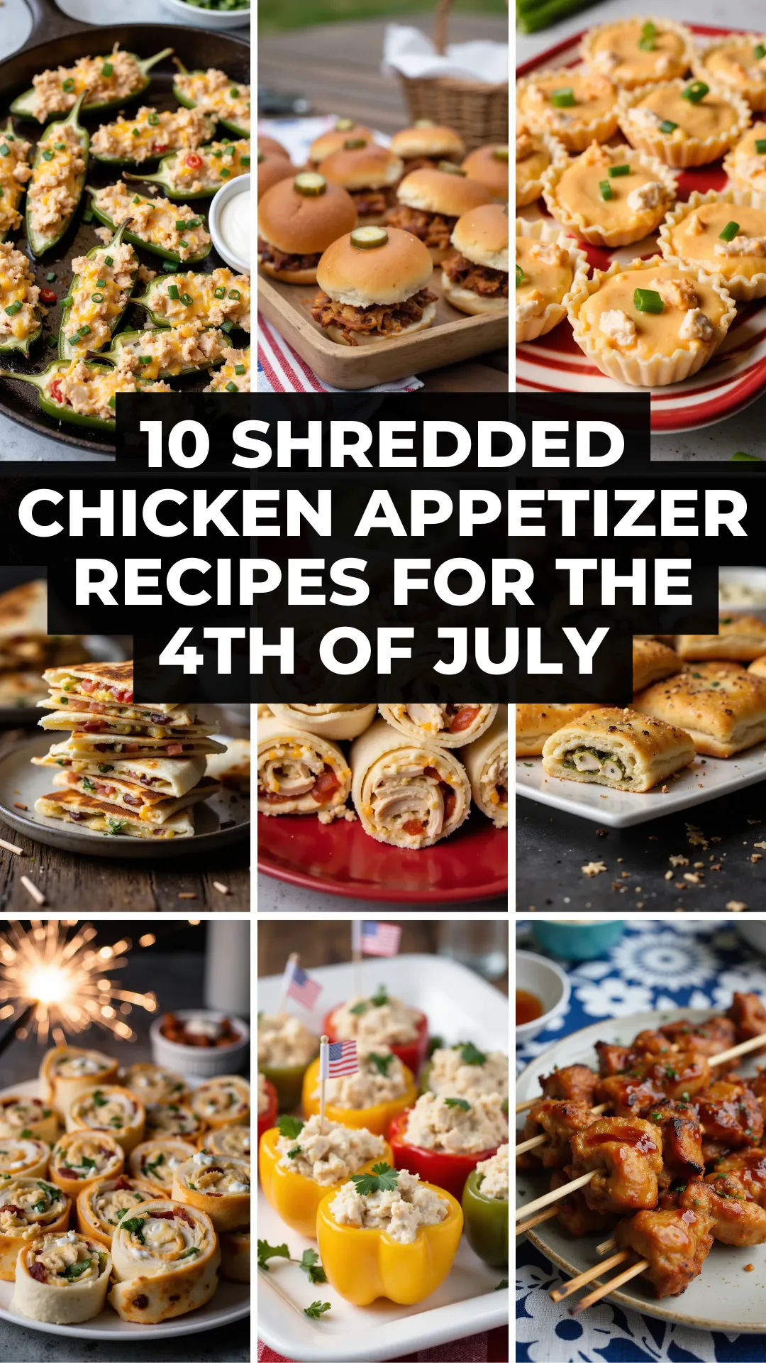 Looking for 4th of July appetizer ideas with shredded chicken? This collection includes 10 festive, flavor-packed bites like pinwheels, mini quesadillas, and stuffed peppers — ideal for backyard parties and potlucks!