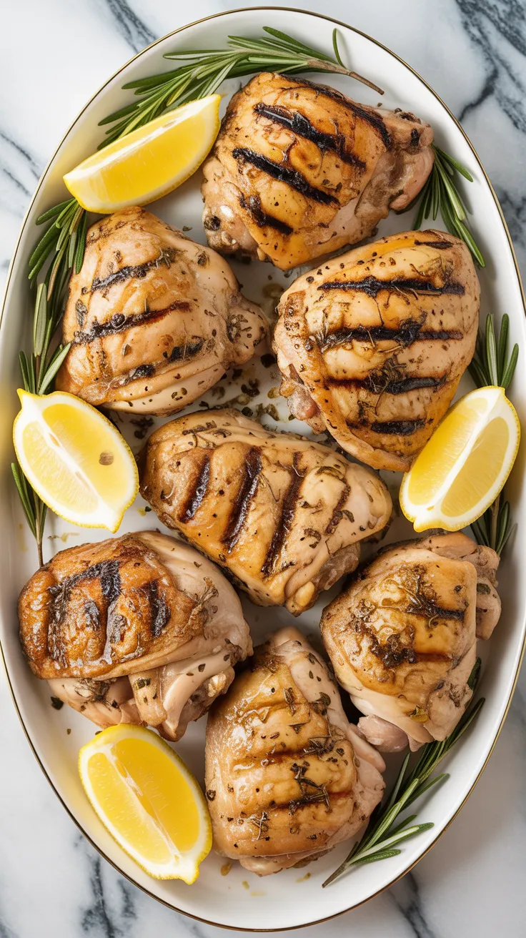 Juicy, flavorful, and perfect for grilling season! These Grilled Lemon-Herb Chicken Thighs are marinated in olive oil, lemon juice, garlic, and fresh herbs for the ultimate summer dinner. Easy to prep and ideal for Memorial Day, 4th of July cookouts or weeknight meals. #GrilledChicken #LemonHerbChicken #SummerRecipes #ChickenThighs #MemorialDayRecipes