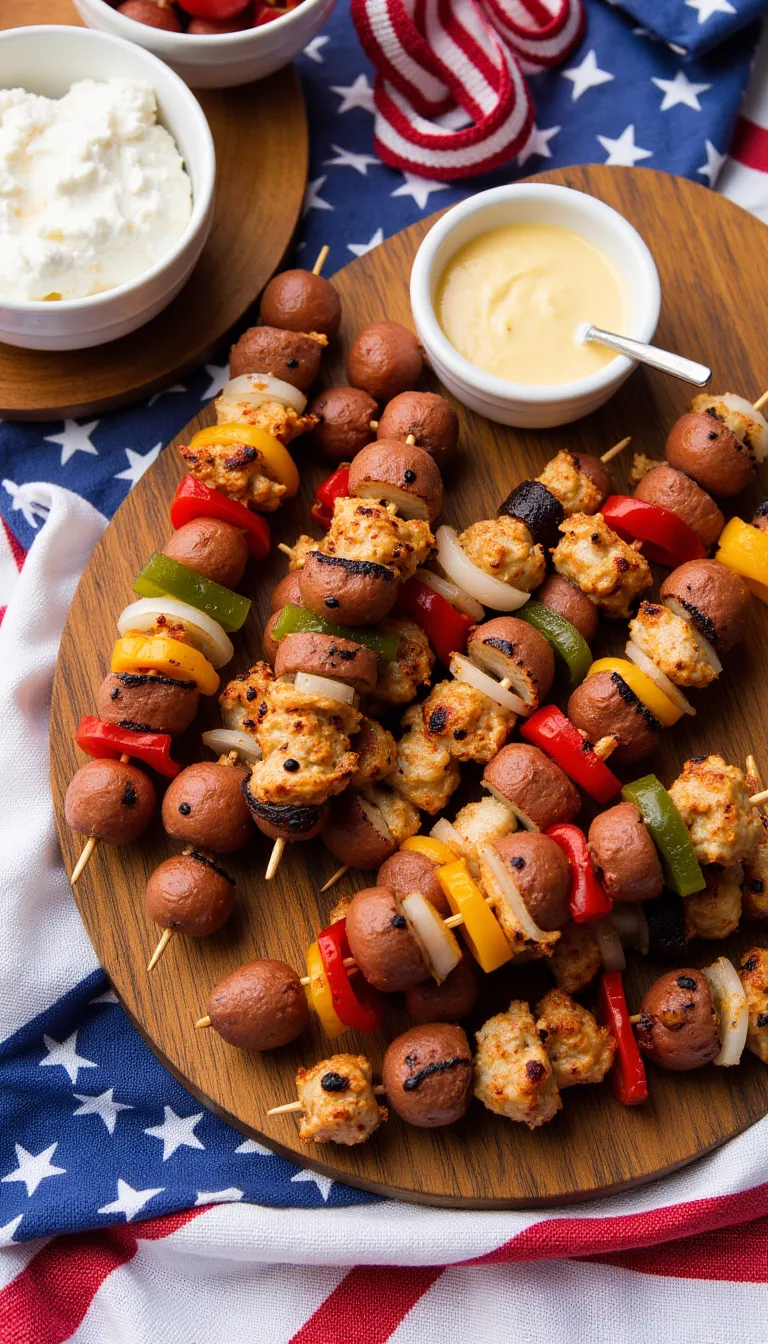 These BBQ Chicken & Kielbasa Skewers are smoky, juicy, and perfect for your holiday cookout—don’t skip the cowboy butter dip! #grilledappetizers #4thofjulyfood #bbqskewers
