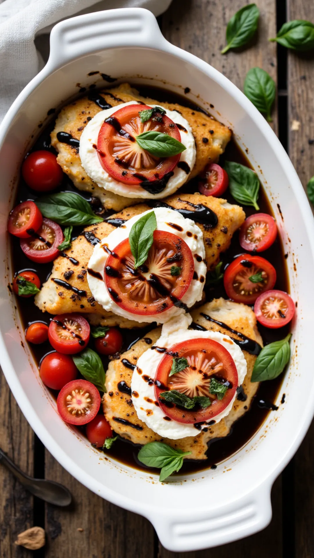 Juicy chicken baked with mozzarella and tomato, finished with basil and balsamic—simple and so delicious!