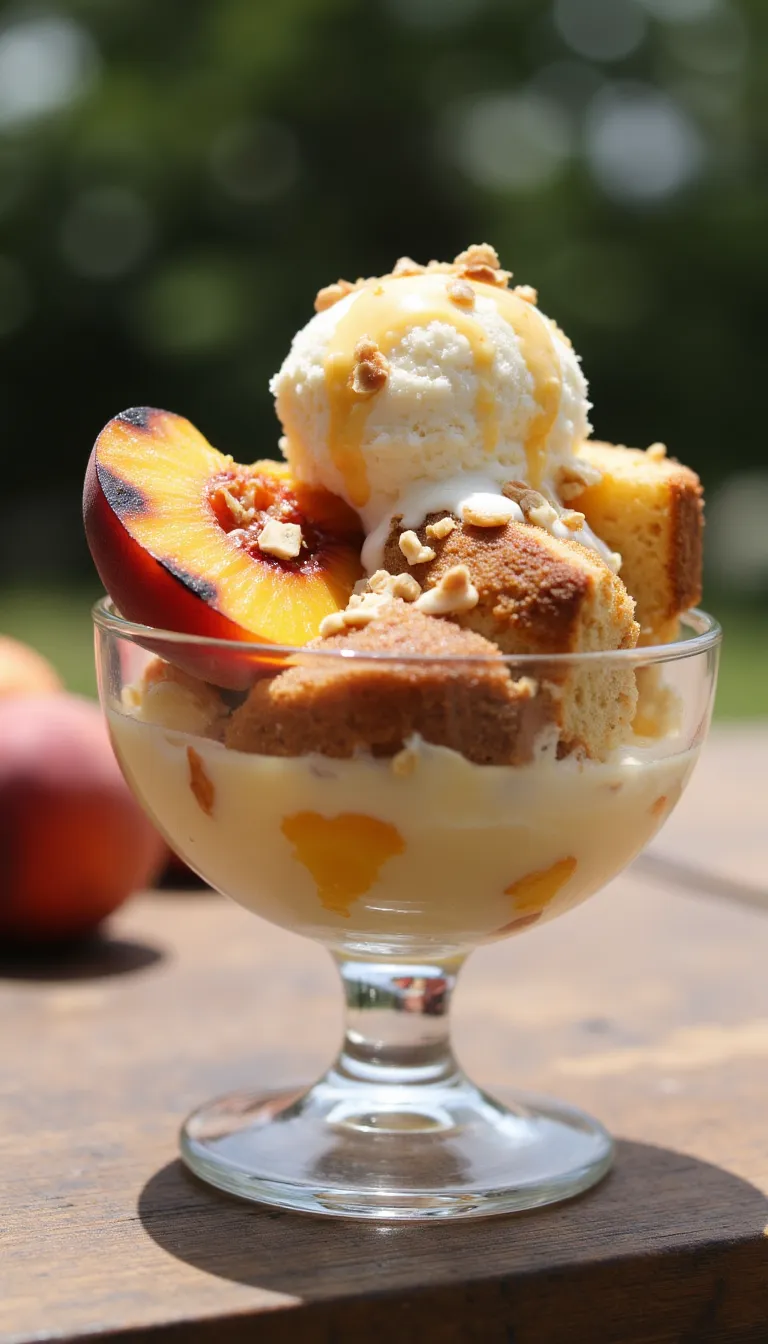 This simple summer dessert layers grilled peaches and pound cake with ice cream and honey—ready in minutes, gone in seconds. #easyrecipes #bbqdesserts #peachsundae
