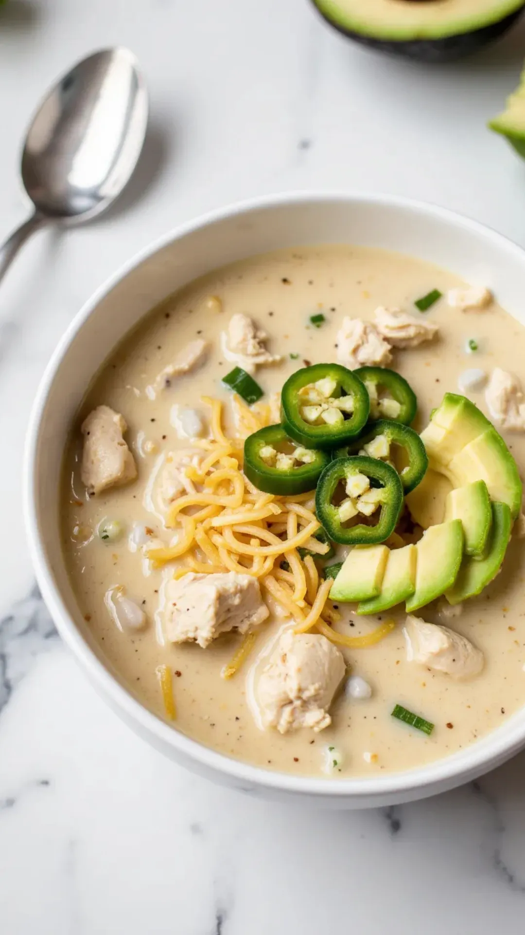 This keto white chicken chili is low in carbs but loaded with cozy comfort.