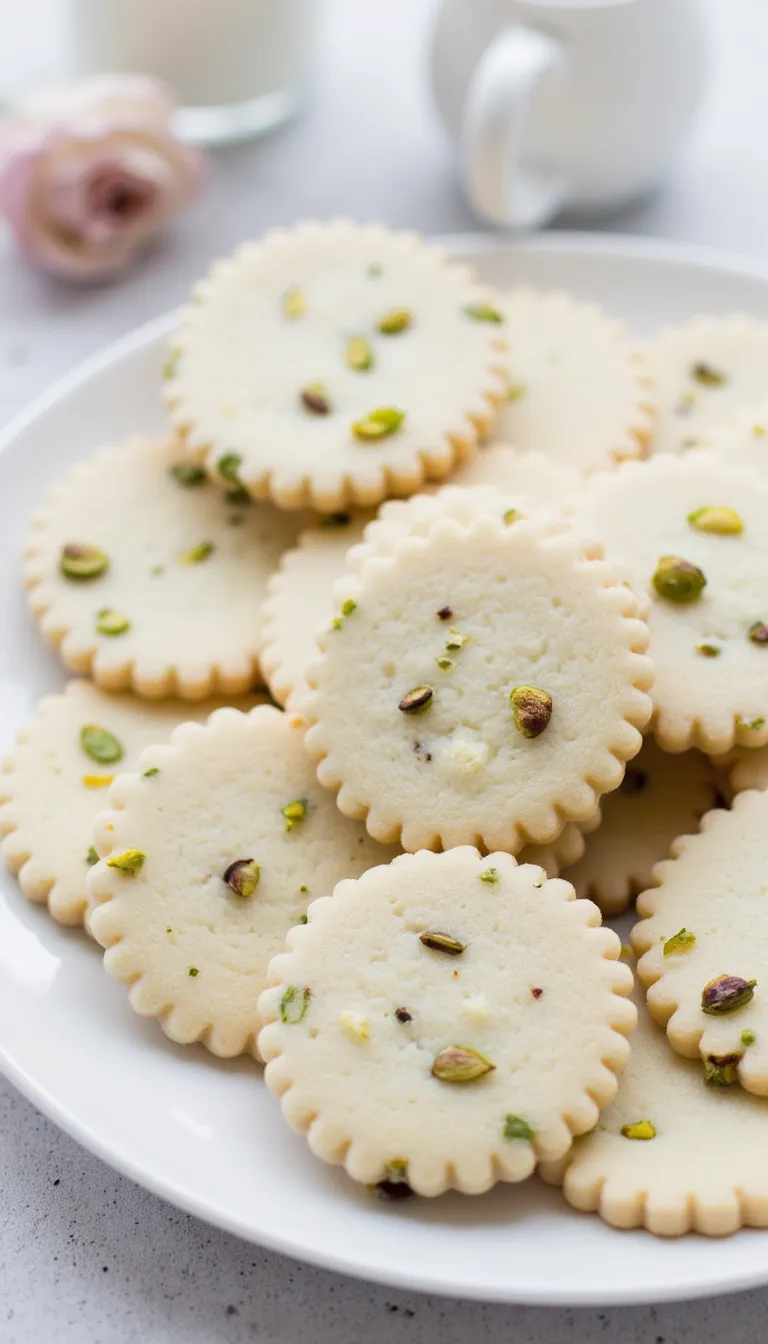 Buttery shortbread, a hint of rose, and a crunch of pistachio—these icebox cookies are as elegant as they are easy. #iceboxcookies #rosewaterrecipes #floralbaking