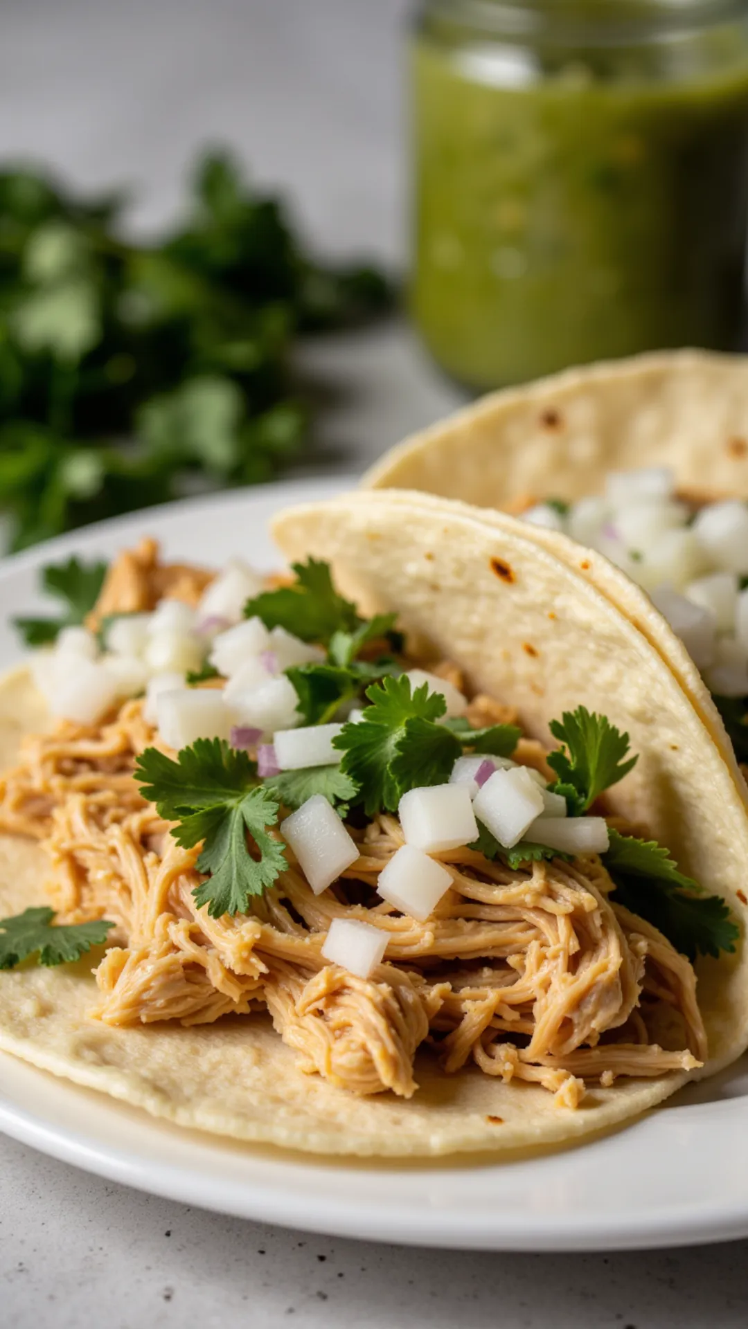 Just 3 ingredients and a slow cooker = the juiciest salsa verde chicken tacos you’ll ever make! So easy! 🌮✨