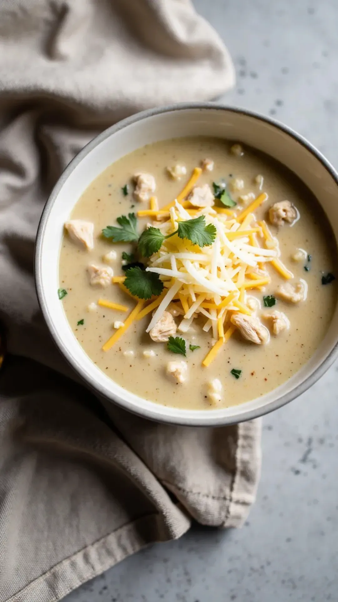This brothy white chicken chili soup is cozy, creamy, and spoon-ready.
