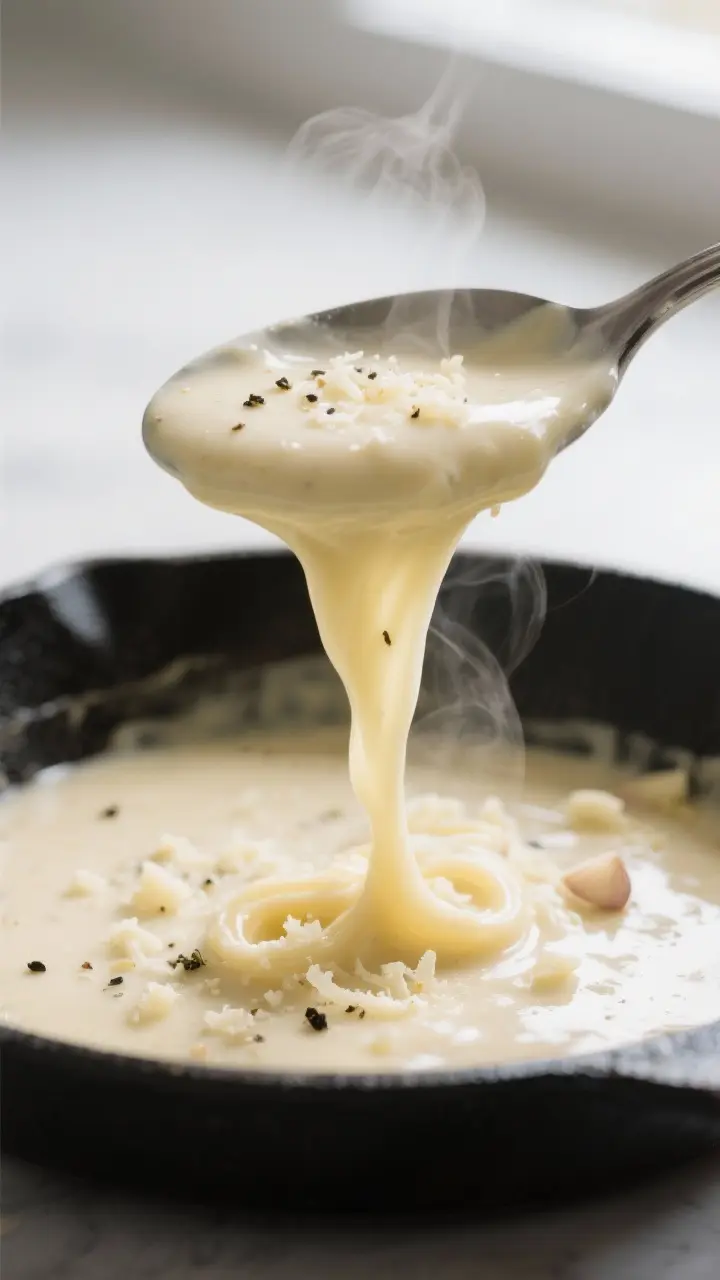 Close-up detail: A spoon lifting a creamy ribbon of homemade Alfredo sauce from a skillet, showing s