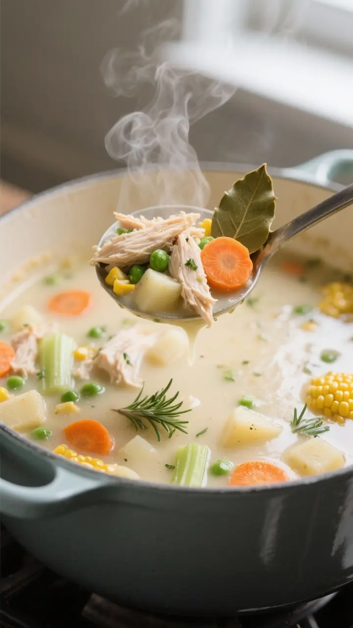 Close-up detail: A steaming ladle lifting creamy chicken pot pie soup from a Dutch oven, showing ten