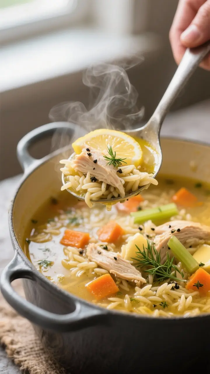 Close-up detail: A steaming ladleful of lemon chicken orzo soup being lifted from a Dutch oven, show