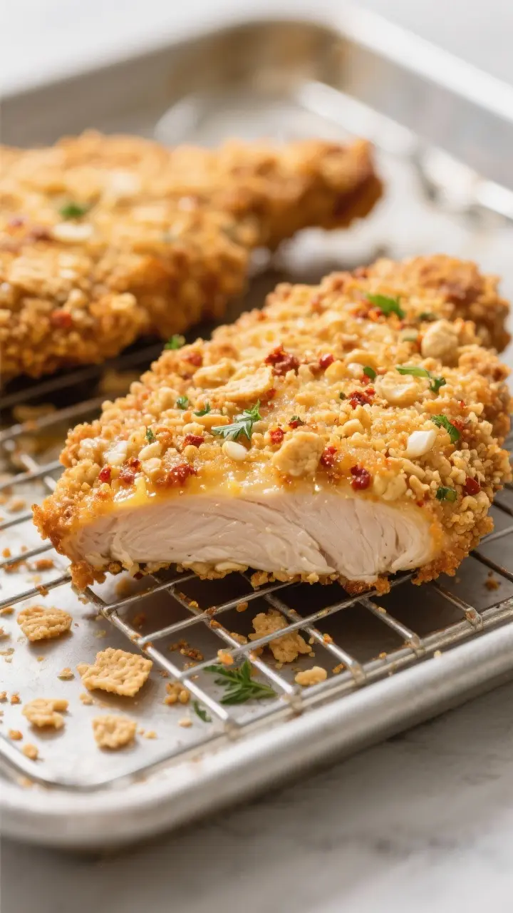 Close-up detail: Crispy Ritz cracker–crusted chicken cutlet just out of the oven on a wire rack, g