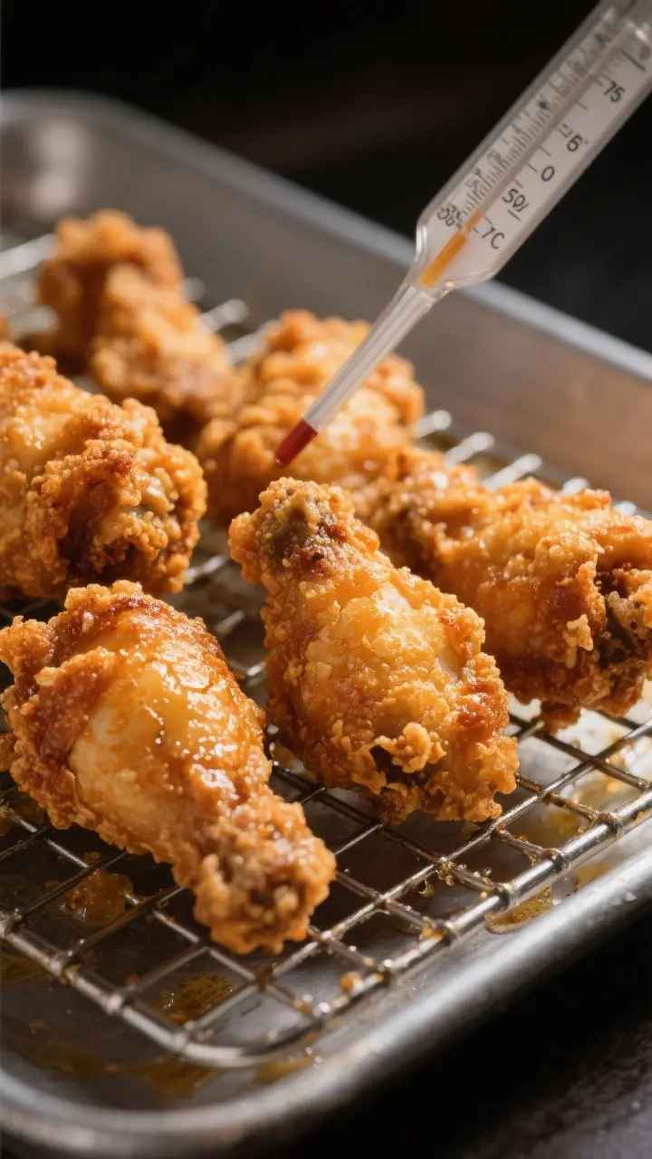 Close-up detail: Double-fried Korean chicken pieces just out of the second fry, deep golden and ultr