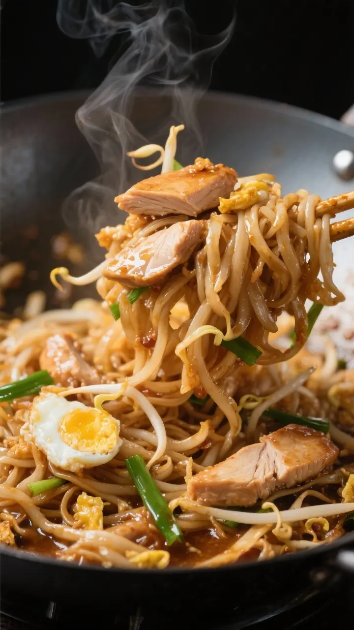 Close-up detail: Glossy Chicken Pad Thai noodles being tossed in a hot wok, coated in sweet-tangy ta