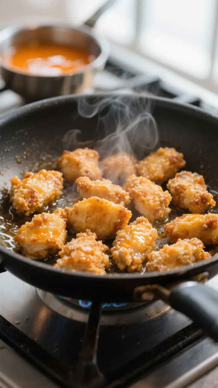 Close-up detail: Golden, pan-fried orange chicken bites just after searing in a large skillet, crisp