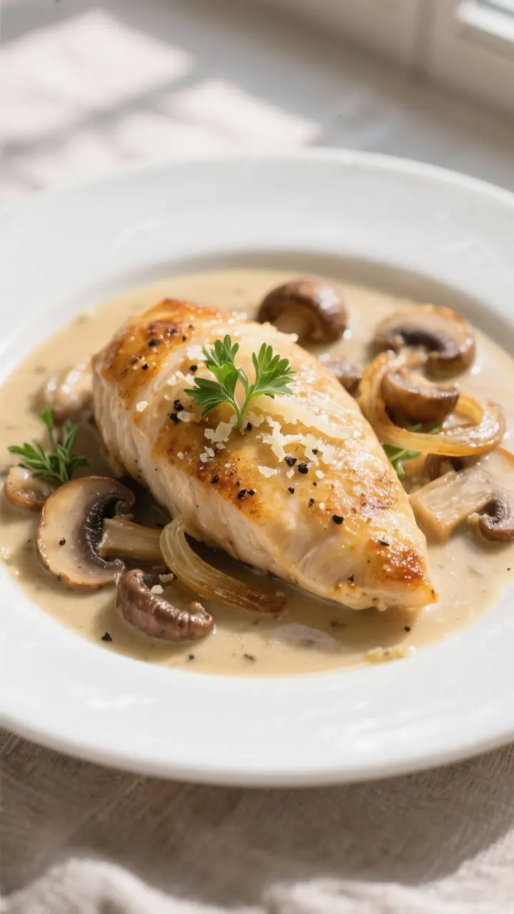 Close-up detail: Golden-seared chicken breast nestled in a creamy mushroom-thyme sauce, glossy and s