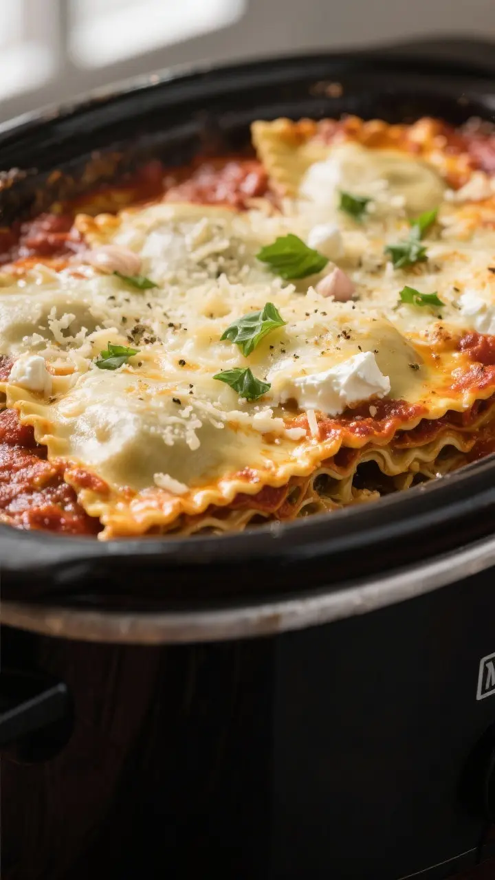 Close-up detail: Melted, bubbly mozzarella and Parmesan crown on crockpot ravioli lasagna just after