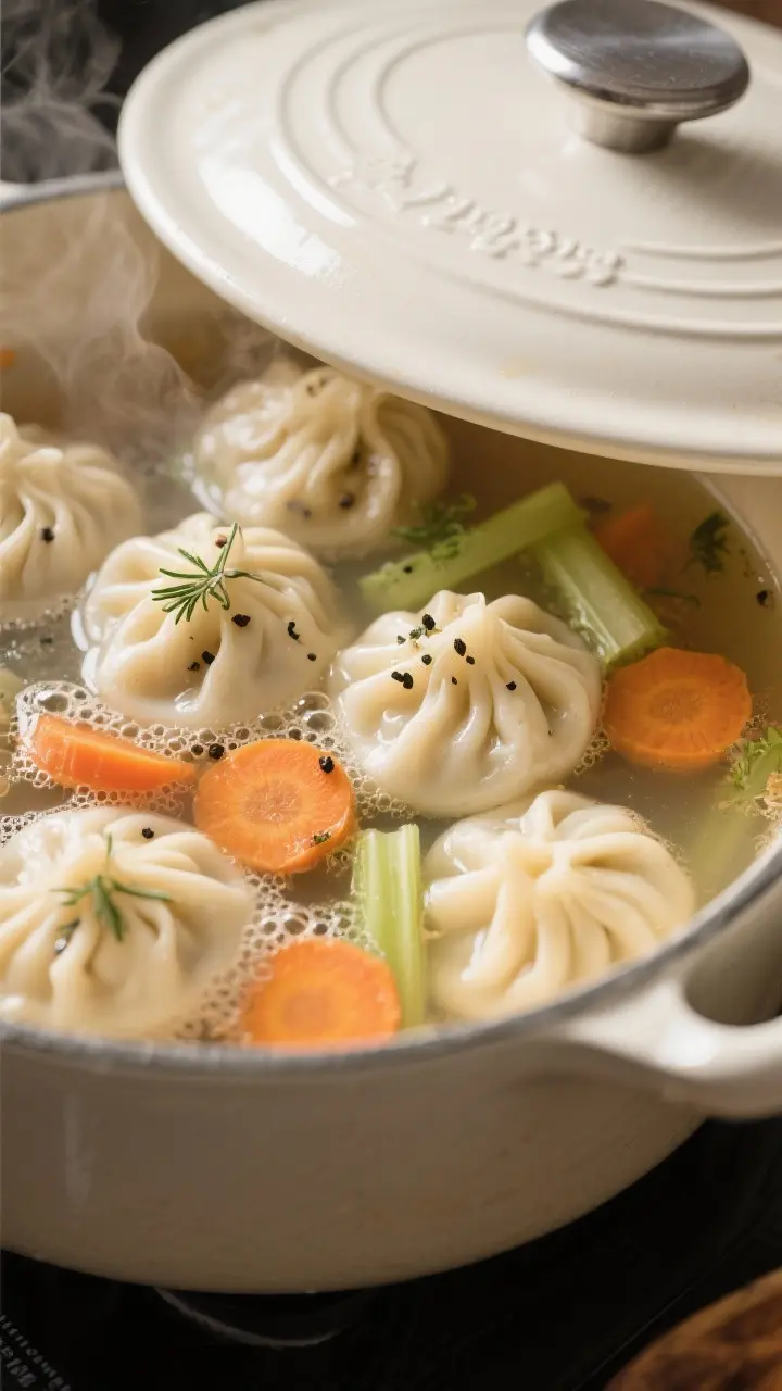 Close-up detail: Pillowy dumplings steaming on the surface of simmering chicken soup, captured mid-c