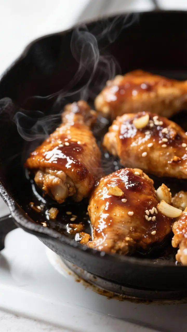 Close-up detail: Saucy glazed chicken thigh pieces sizzling in a skillet just after the sauce has th