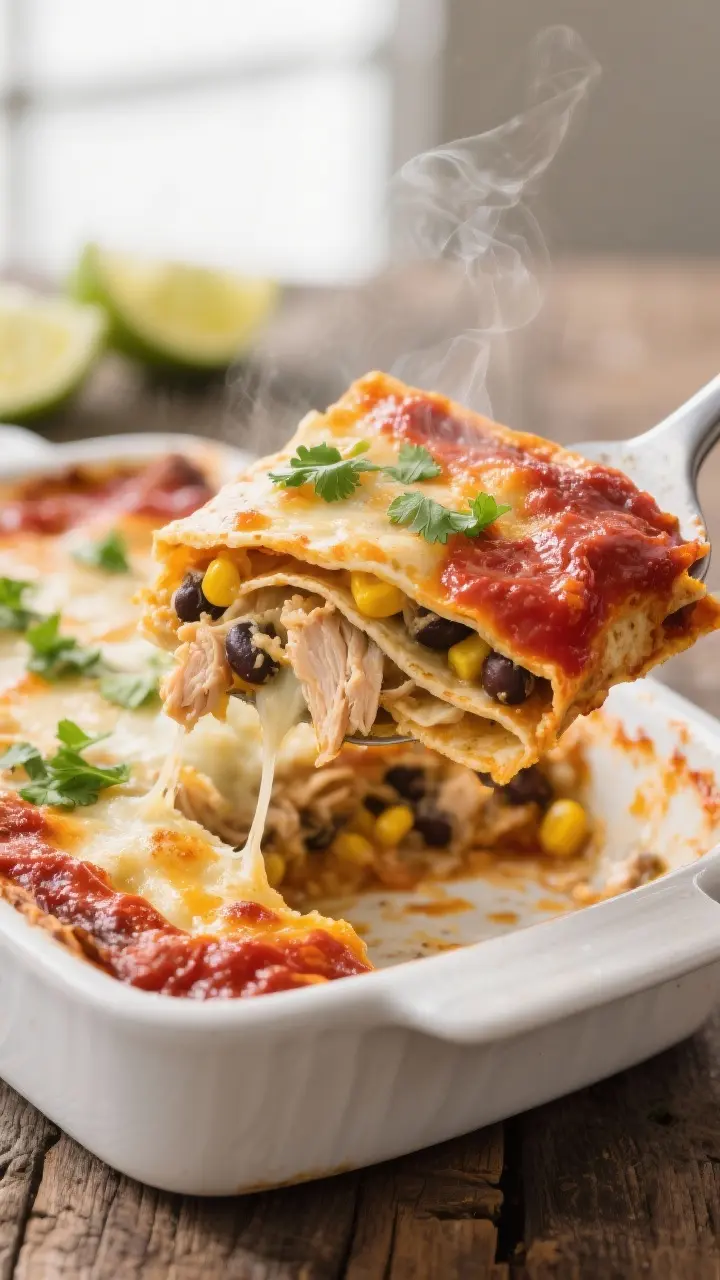 This chicken enchilada casserole brings all the flavor of classic enchiladas without the fuss of rolling each one. It’s layered like lasagna, baked until bubbly, and loaded with tender chicken, melty cheese, and a zesty sauce. The prep is simple, the ingredients are easy to find, and it feeds a hungry crowd.

It’s a great weeknight option, and it reheats beautifully for lunches. If you love enchiladas but want a hands-off version, this is your go-to recipe.